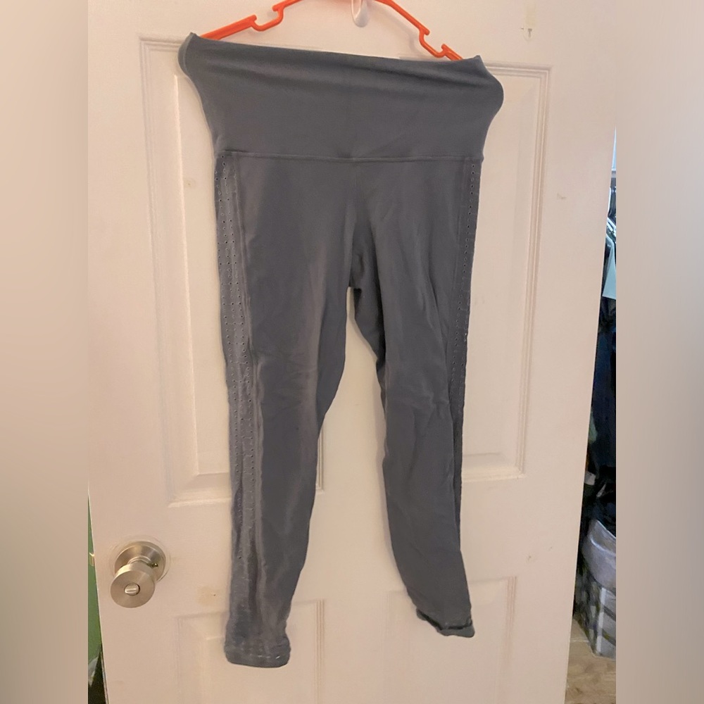 Prana Grey leggings with polka dot peepholes